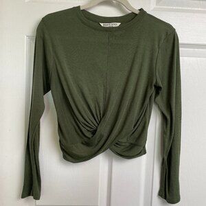 Brave Soul London Top Green Small Crew Long Sleeve Twist front Cropped
